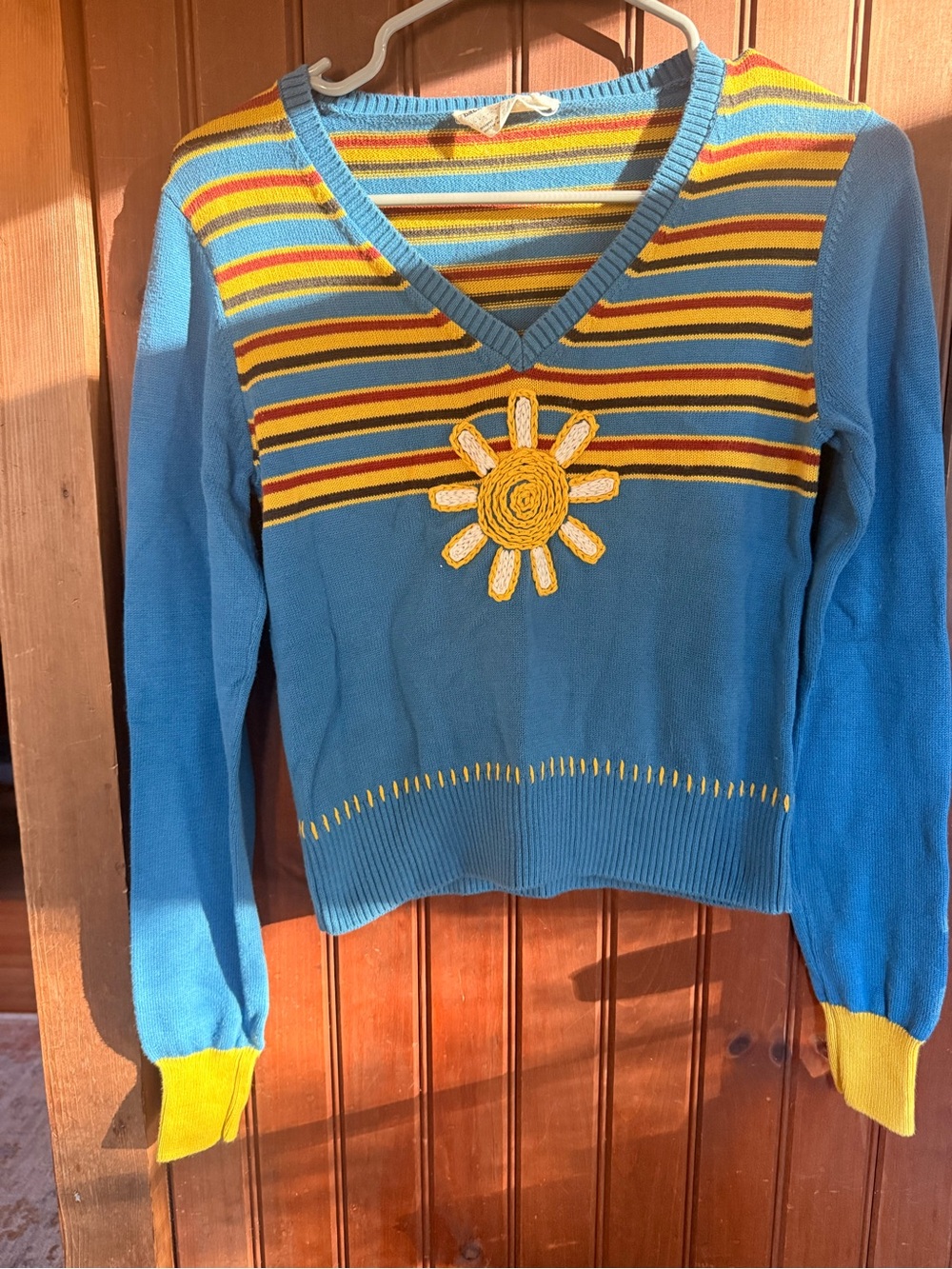 Back Beat Co. Blue V-Neck Sweater with Yellow Sun Applique